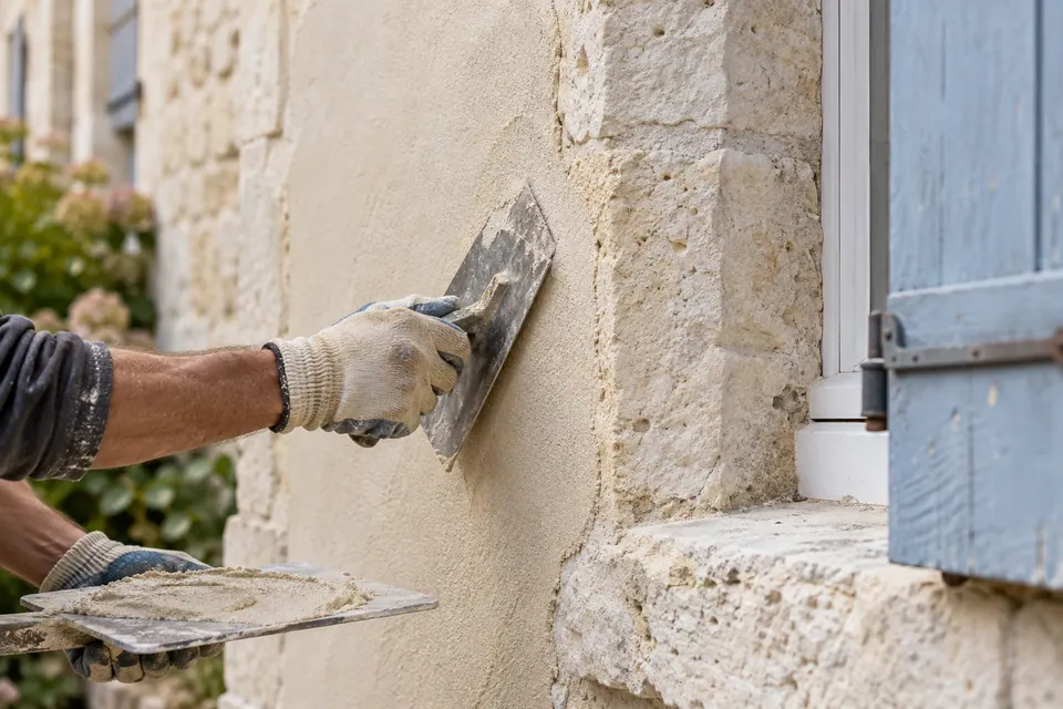 Artisan appliquant un enduit sur un mur — illustration générée
