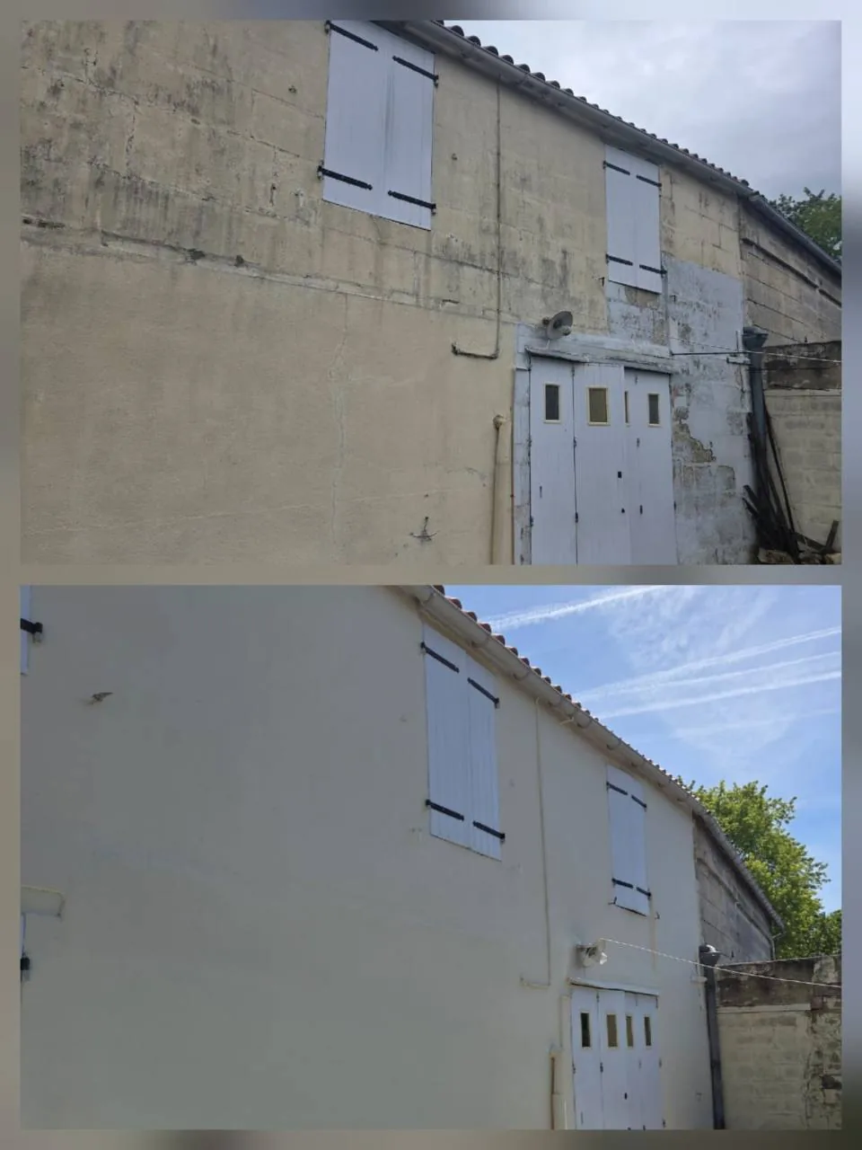 Avant-après d’une longue façade de dépendance : mur taché en haut et finition claire plus uniforme en bas.