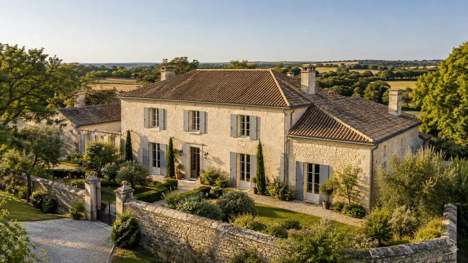 Maison en pierre claire et toiture en tuiles en Charente — illustration générée