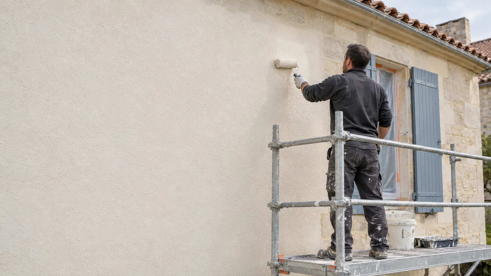 Artisan peignant la façade d’une maison charentaise — illustration générée
