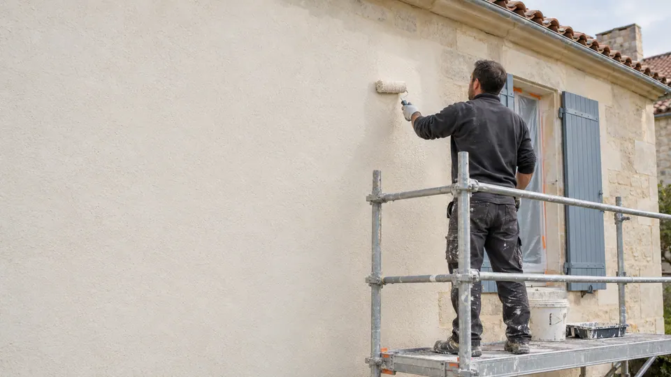 Artisan appliquant une finition sur une façade de maison charentaise — illustration générée