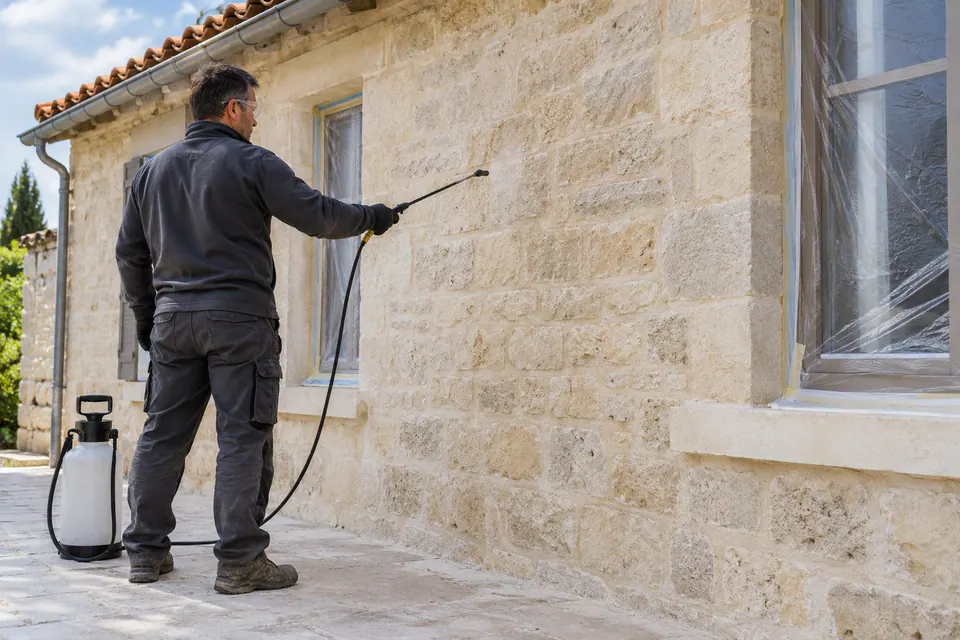 Artisan appliquant une protection hydrofuge sur une façade en pierre — illustration générée