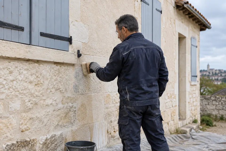 Artisan nettoyant une façade avec une brosse adaptée — illustration générée