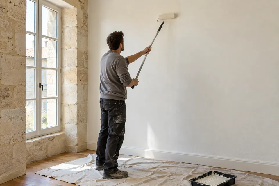 Peintre appliquant la peinture au rouleau dans une pièce — illustration générée