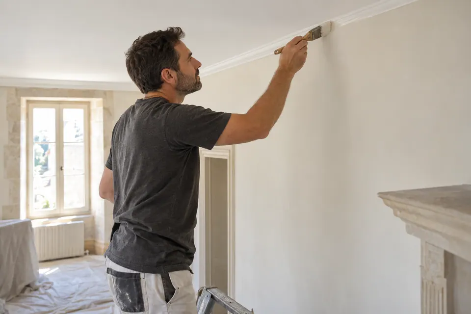 Peintre réalisant une finition au pinceau près du plafond — illustration générée