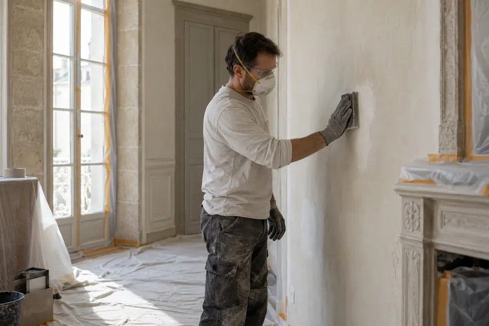Artisan préparant un mur intérieur avant peinture — illustration générée